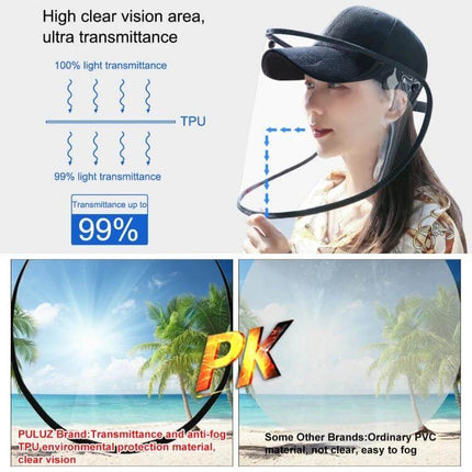 Baseball Cap Mask With Removable Face Shield For Everyday Use shown on model with clear TPU shield and high transmittance