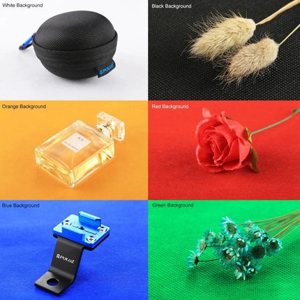 PULUZ Collapsible Photography Background in 6 Colors, 80cm x 40cm showing black white red orange green blue sample swatches with product photo examples