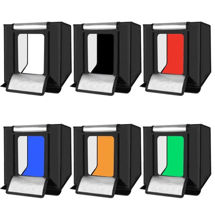 PULUZ Collapsible Photography Background in 6 Colors, 80cm x 40cm showing six background colors (black, white, red, orange, green, blue) in portable foldable box setup