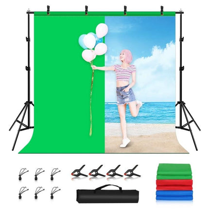 PULUZ Adjustable Photo Background Stand Kit with Backdrops showing green screen and beach backdrop with stands, clips, and travel bag