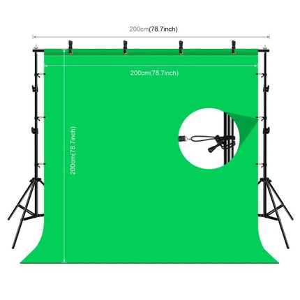 PULUZ Adjustable Photo Background Stand Kit with Backdrops showing green backdrop, adjustable stands and clamp details for studio photography
