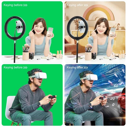 PULUZ Adjustable Photo Background Stand Kit with Backdrops showing before-and-after green screen keying for livestreaming makeup and VR gaming scenes