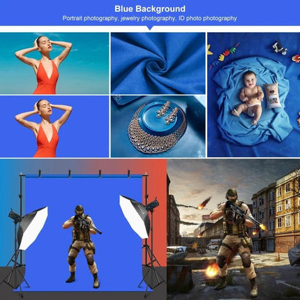 PULUZ Adjustable Photo Background Stand Kit with Backdrops showing blue backdrop, lights, stands and examples for portrait, product and video shoots
