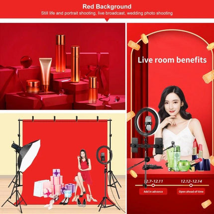 PULUZ Adjustable Photo Background Stand Kit with Backdrops set up with red backdrop, lights, ring light and props for live streaming and product photography