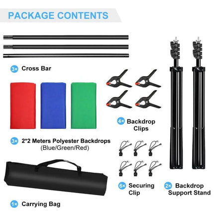 PULUZ Adjustable Photo Background Stand Kit with Backdrops showing stands crossbars three colored backdrops clips and carrying bag