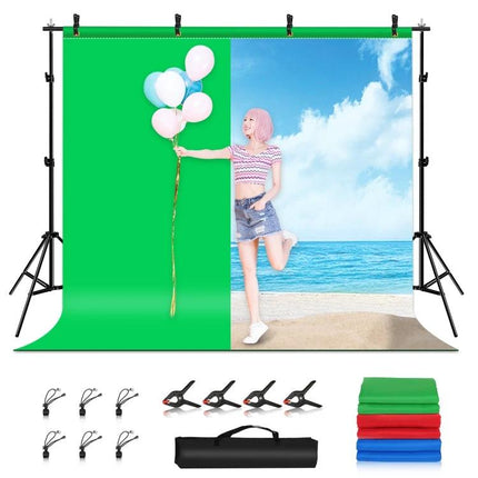 PULUZ 2.9x2m Adjustable Photo Background Support Stand Kit with green screen and beach backdrop, metal stands, clamps and carrying bag