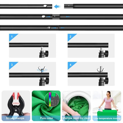 PULUZ 2.9x2m Adjustable Photo Background Support Stand Kit showing black metal crossbar connections, clamps and backdrop setup steps