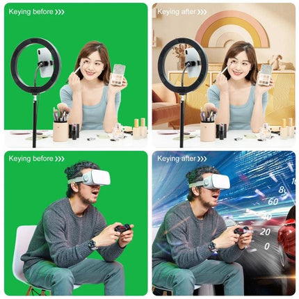 PULUZ 2.9x2m Adjustable Photo Background Support Stand Kit showing before-and-after green screen and virtual background demo with ring light and streamer
