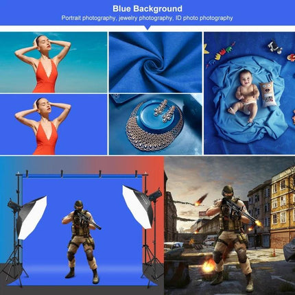 PULUZ 2.9x2m Adjustable Photo Background Support Stand Kit with blue backdrop setup for portraits, products, newborns and studio shooting