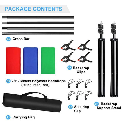 PULUZ 2.9x2m Adjustable Photo Background Support Stand Kit showing crossbars, backdrops, clamps, stands and carrying bag