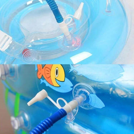 Portable Foot Air Pump for Inflatables Lightweight and Easy to Use - compact manual foot/hand inflator attached to blue inflatable pool tube