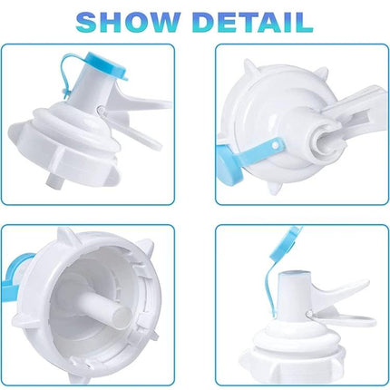 PP Water Bottle Faucet Dispenser Valve For 55mm Crown Top Bottles - white PP pour spout with blue lever showing detailed views