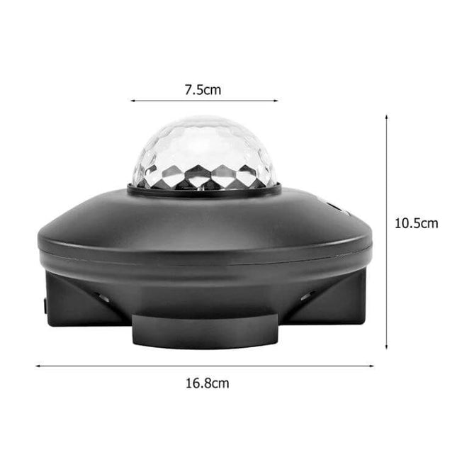 Water Ripple Laser Star Projector With Bluetooth Music - compact black unit with faceted dome, 16.8cm x 10.5cm x 7.5cm, LED and laser ambient light