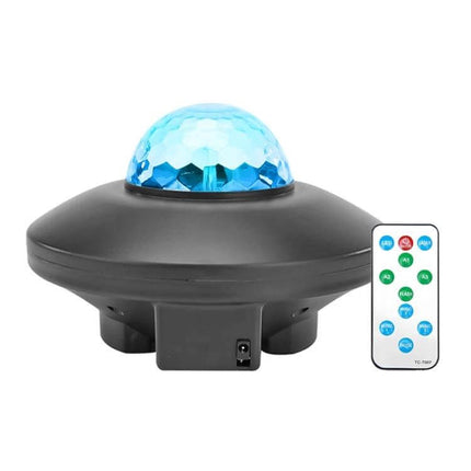 Water Ripple Laser Star Projector With Bluetooth Music showing black UFO-style unit with blue faceted dome and remote control