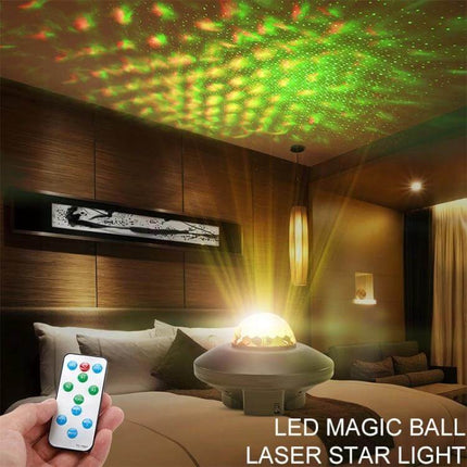 Water Ripple Laser Star Projector With Bluetooth Music projecting green laser stars and LED water ripple in cozy bedroom, remote control visible
