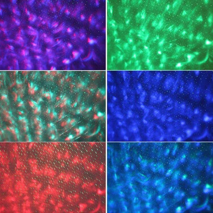 Water Ripple Laser Star Projector With Bluetooth Music projecting multicolor water ripple and star effects in purple green blue and red for bedroom ambience
