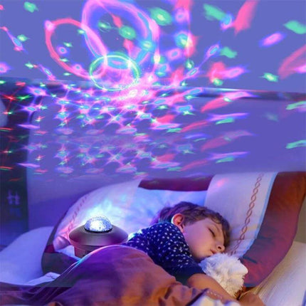 Water Ripple Laser Star Projector With Bluetooth Music creating calming water ripple and star lights over a sleeping child