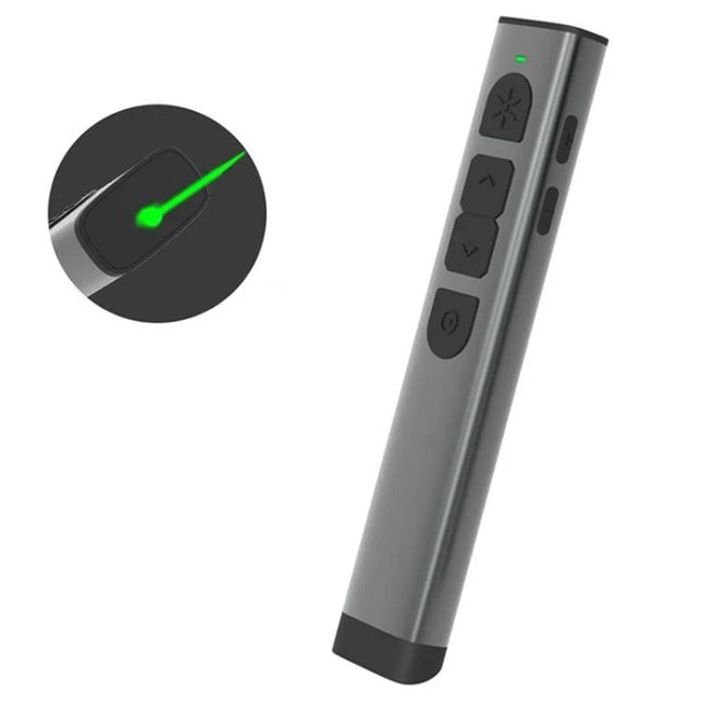 Doosl Wireless Presenter with Green Laser for PowerPoint Talks - gray aluminum remote with green laser and slide control buttons