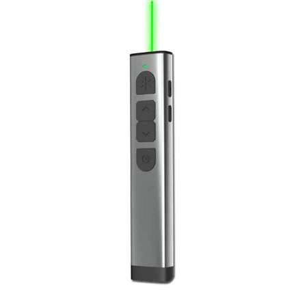Doosl Wireless Presenter with Green Laser for PowerPoint Talks - silver aluminum remote with green laser beam and navigation buttons