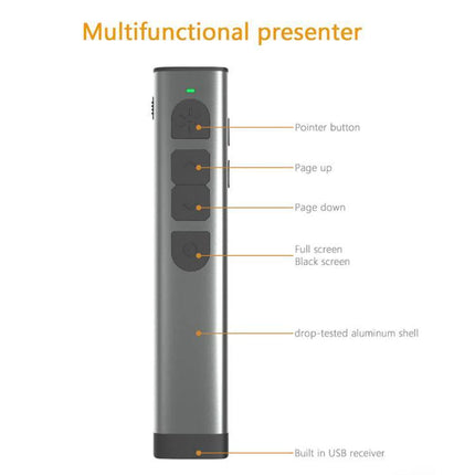 Doosl Wireless Presenter with Green Laser for PowerPoint Talks - aluminum alloy remote with pointer, page up/down, black screen and built-in USB receiver