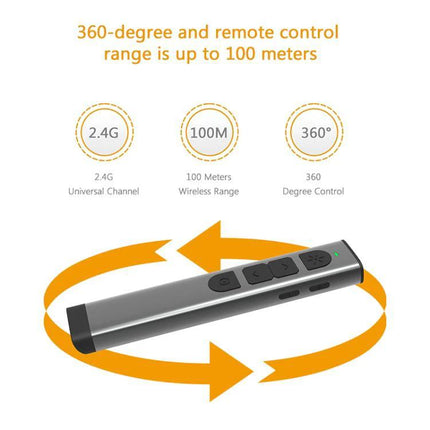Doosl Wireless Presenter with Green Laser for PowerPoint Talks showing 360-degree control and 100m wireless range