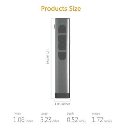 Doosl Wireless Presenter with Green Laser for PowerPoint Talks silver aluminum remote 5.23in x 1.06in ergonomic grip 100m range