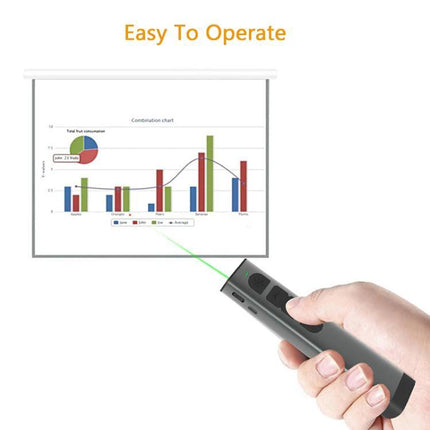 Doosl Wireless Presenter with Green Laser for PowerPoint Talks pointing green laser at projection screen, ergonomic aluminum alloy body
