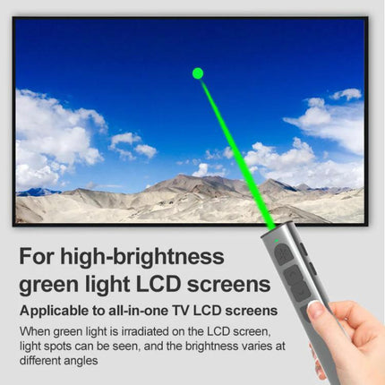 Doosl Wireless Presenter with Green Laser for PowerPoint Talks - aluminum remote with bright green laser pointing at screen