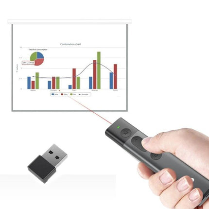 DOOSL Red Laser Wireless Presenter for PowerPoint Navigation in hand pointing at projection screen with USB receiver