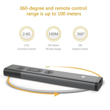DOOSL Red Laser Wireless Presenter for PowerPoint Navigation showing slim remote, 360° control, 100m wireless range and 2.4G connectivity