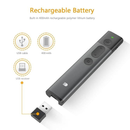 DOOSL Red Laser Wireless Presenter for PowerPoint Navigation with rechargeable battery and USB receiver shown