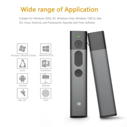 DOOSL Red Laser Wireless Presenter for PowerPoint Navigation - gray presenter remote with red laser, slide controls and wide application icons