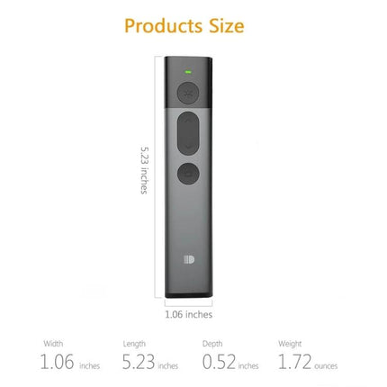 DOOSL Red Laser Wireless Presenter for PowerPoint Navigation - slim gray presenter showing buttons, red laser pointer, and product dimensions (5.23 x 1.06 x 0.52 in)
