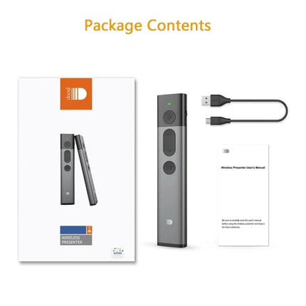 DOOSL Red Laser Wireless Presenter for PowerPoint Navigation - package contents showing presenter remote, USB receiver, charging cable, and manual