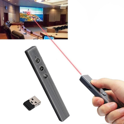 Wireless PPT Presenter Remote with Laser Pointer and Air Mouse Function used in conference room pointing at screen with USB receiver