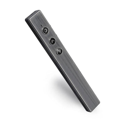 Wireless PPT Presenter Remote with Laser Pointer and Air Mouse Function — slim brushed-metal presenter remote with laser, slide and volume buttons