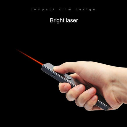 Wireless PPT Presenter Remote with Laser Pointer and Air Mouse Function handheld presenter showing bright red laser beam from compact slim design