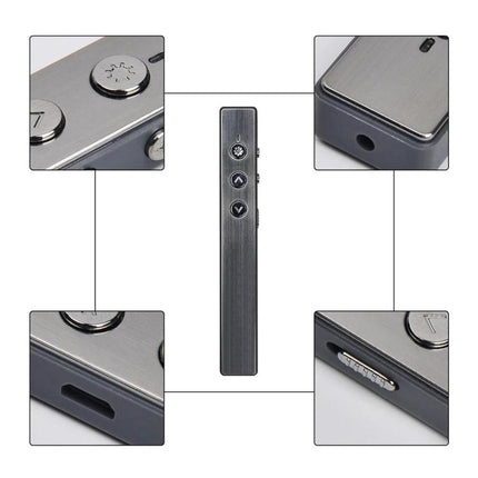 Wireless PPT Presenter Remote with Laser Pointer and Air Mouse Function - slim metallic remote showing buttons, laser port and USB receiver