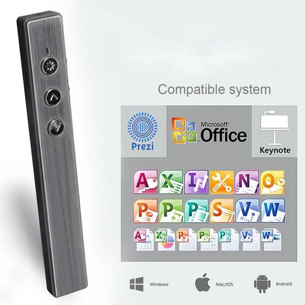 Wireless PPT Presenter Remote with Laser Pointer and Air Mouse Function shown with compatible Prezi, Microsoft Office and Keynote icons