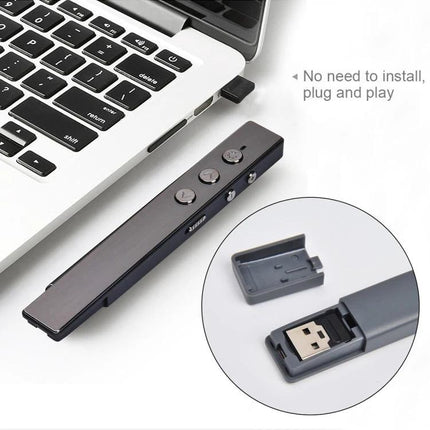 Wireless PPT Presenter Remote with Laser Pointer and Air Mouse Function shown next to laptop with USB receiver plug-and-play