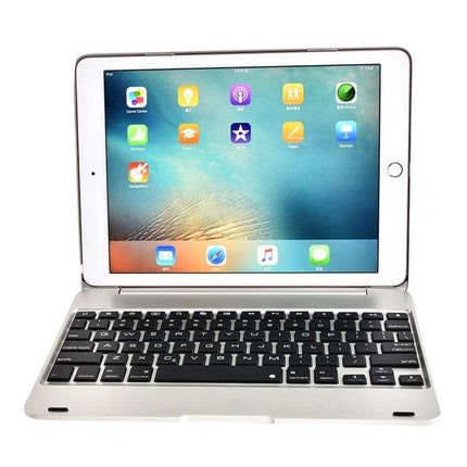 Ultra-Thin Bluetooth Keyboard Case for iPad 9.7 Inch Models - silver keyboard case with iPad open showing home screen, portable typing setup