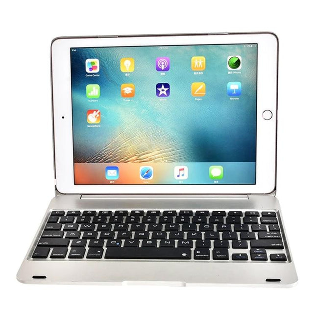 Ultra-Thin Bluetooth Keyboard Case for iPad 9.7 Inch Models shown as silver folio with wireless keyboard and iPad screen