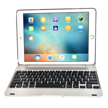 Ultra-Thin Bluetooth Keyboard Case for iPad 9.7 Inch Models — silver keyboard case showing iPad in typing position