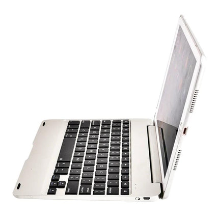 Ultra-Thin Bluetooth Keyboard Case for iPad 9.7 Inch Models showing slim silver case with detachable Bluetooth keyboard and iPad in typing angle
