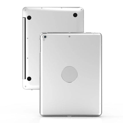 Ultra-Thin Bluetooth Keyboard Case for iPad 9.7 Inch Models shown in silver, slim protective keyboard case transforming iPad into portable workstation