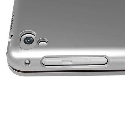 Ultra-Thin Bluetooth Keyboard Case for iPad 9.7 Inch Models showing camera cutout and side volume controls in silver