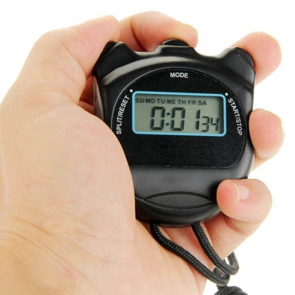 PS50 Stopwatch With Strap For Everyday Sports Timing handheld black stopwatch with strap showing 0:01.34 on digital display
