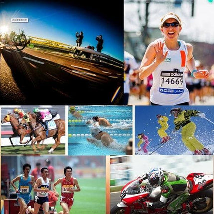 PS50 Stopwatch With Strap For Everyday Sports Timing - compact digital stopwatch with strap shown across running, cycling, swimming, skiing and racing scenes