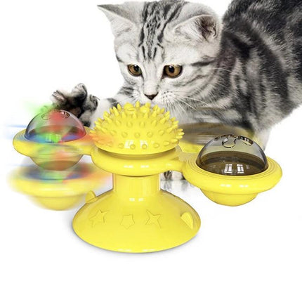 Versatile Cat Toy for Daily Home Play and Scratching - yellow suction-base windmill toy with spinning domes and textured center for interactive scratching and batting