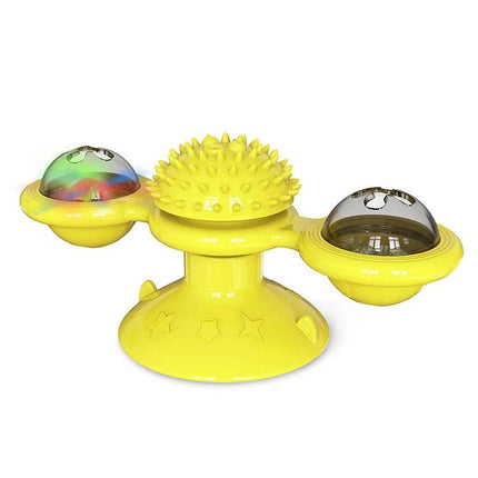 Versatile Cat Toy for Daily Home Play and Scratching - yellow suction-cup windmill toy with spiky center and two batting domes